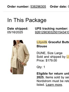 LILYSILK. SZ L Women's Tan Button-Front Blouse.  Retail $179.   Worn once.